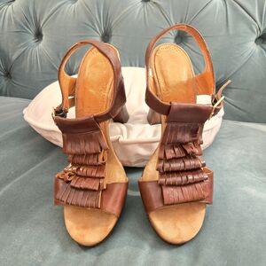 Chie Mihara Fringe Brown Leather Heel Sandal 36.5